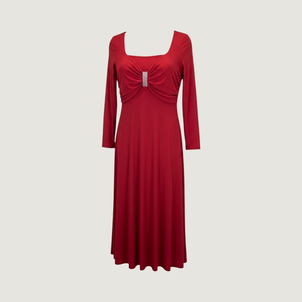 FunFash Red Long Sleeve Rhinestone Buckle Midi Dress Plus Size 3X KH Made in USA